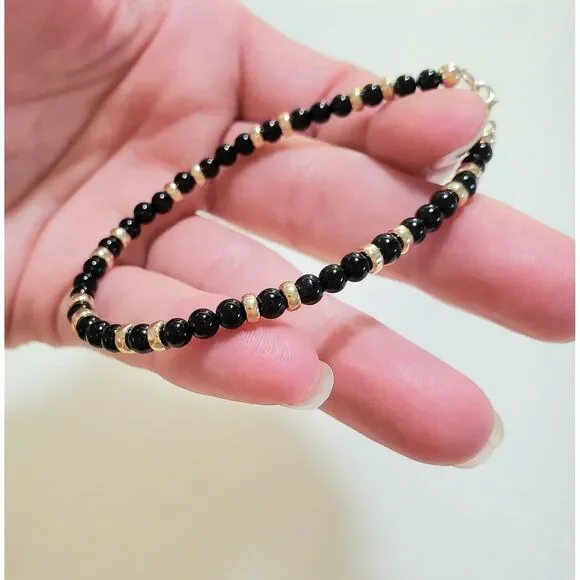 Onyx 4mm 14k Solid Yellow or Rose Gold Lobster or Stretchy Bead Bracelet
